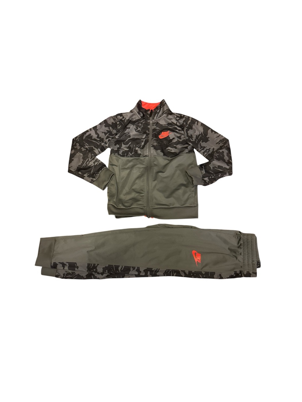Nike Kids Gray & Black Camo Track Jacket and Pants with Orange Logo